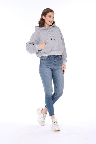 Tight Lady Hanorac crop scurt, 100% bumbac, 3 fire, gri Melange, cu glugă, buzunar cangur, cu șireturi