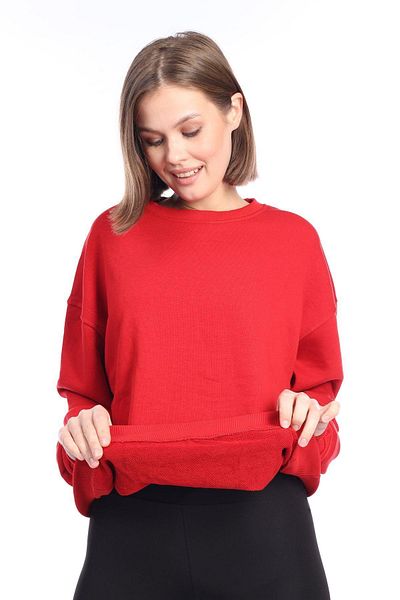 Tight Lady Women's 100% Cotton Non-Rated Red 3 Thread Basic Oversize Crew Neck Long Sleeve Sweatshirt