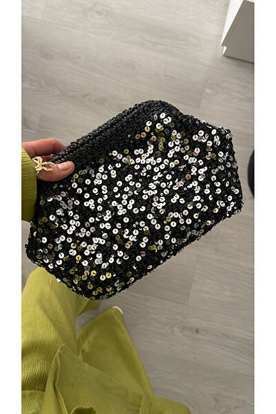 WOMANBAG EL YAPIMI KOMPLE GÜMÜŞ PULLU  HASIR SİYAH CLUTCH PORTFÖY ÇANTA