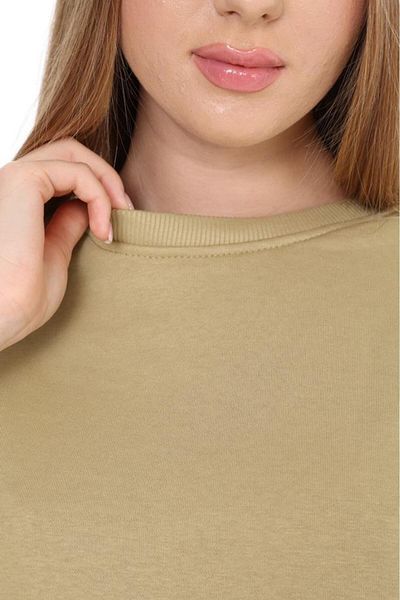 Tight Lady Women's 100% Cotton Light Khaki Ultra Quality Diagonal Without Raising 3 thread Crew Neck Basic Sweatshirt