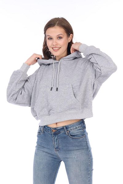 Tight Lady Hanorac crop scurt, 100% bumbac, 3 fire, gri Melange, cu glugă, buzunar cangur, cu șireturi