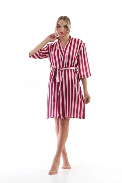 Laperissa Halat de damă din satin roz cu dungi, cu curea, îmbrăcăminte de cas...