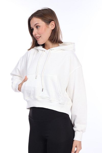 Tight Lady Premium Quality 100% Cotton Ribbon Free 3 Thread Ecru Hooded Kangaroo Pocket Lace-up Crop Sweatshirt