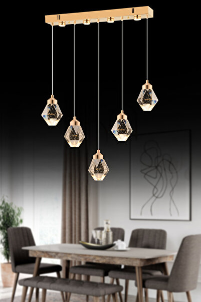 İstanbul Avize İstanbul Avize Kabarcıklı Liya Yemek Masası 5'li Gold Kumandalı 3 Renk Ledli Modern Led Avize