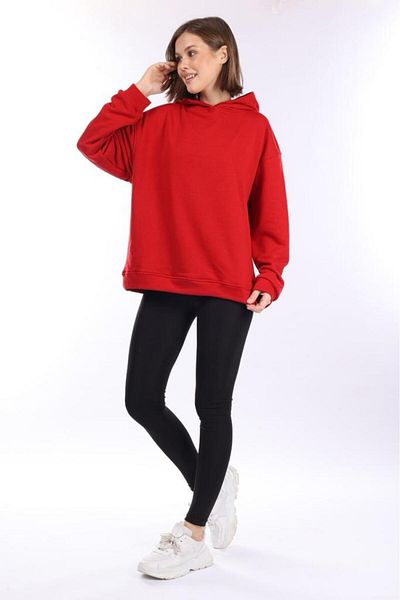 Tight Lady 100% Cotton Women's Soft Textured Red Basic 3 thread oversize hooded sweatshirt