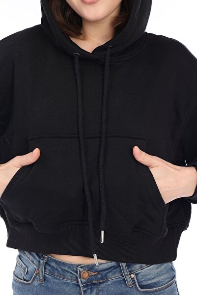 Tight Lady Висококачествена 100% памучна 3-слойна дамска черна качулка с кенгуру джоб и шнур за стягане, къса блуза