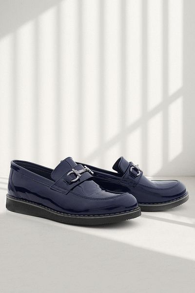 Rakerplus Genuine Leather Navy Blue Patent Leather Buckle Loafer Children's Classic Shoes