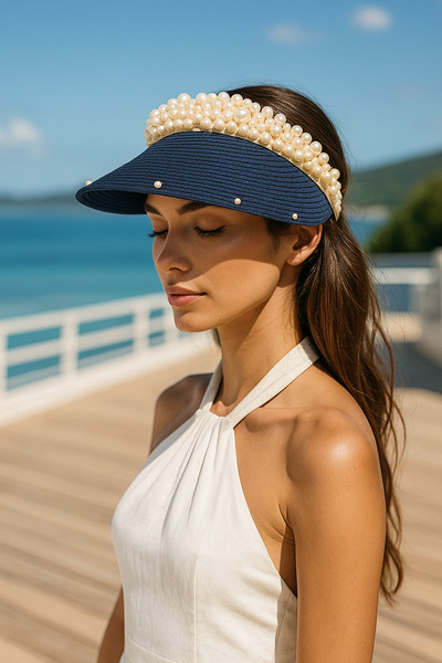 Luminos Butik Синя перлина Детальна стильна солом'яна капелюх з козирком Овальний дизайн Літній аксесуар HSR2086