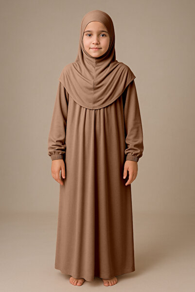 Sonbaharmoda Момичешка рокля с хиджаб, едно парче молитвен тоалет, обличане и сваляне на забрадка с памучен еластичен ръкав