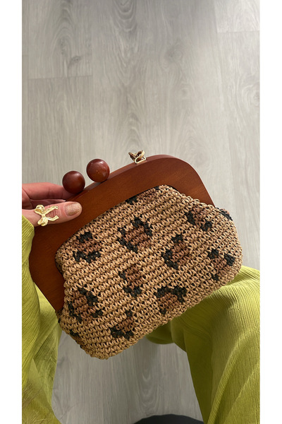 WOMANBAG LEOPAR HASIR EL YAPIMI CLUTCH EL OMUZ ÇANTASI