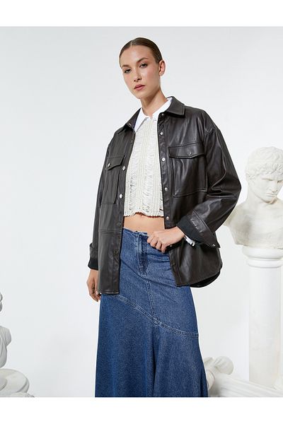Koton Faux Leather Jacket Pocket Detailed Snap Button Shirt Collar