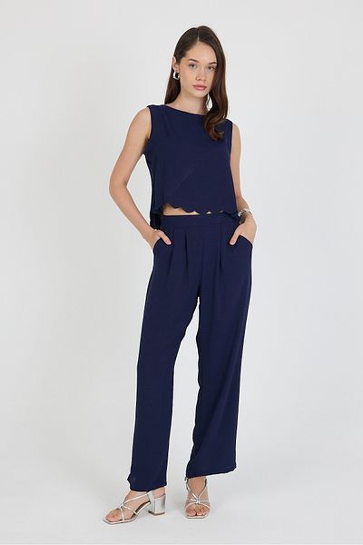 Eco Sense Women's Crown Leaf Edge, Back Tie Detail, Sleeveless Blouse Pants Bottom-Top Set