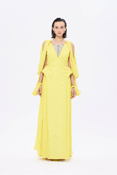 Atelier Pret Taş Aksesuarlı Pliseli Yarasa Kollu Uzun Abiye Elbise