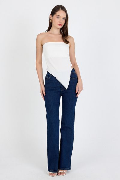 Eco Sense Strapless Asymmetrical Lycra Side Gathered Blouse, Asymmetrical Strapless Stretchy Gathered Crop Top