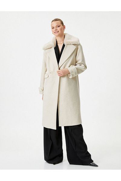 Koton Long Stretch Coat Buttoned with Removable Faux Fur Pockets