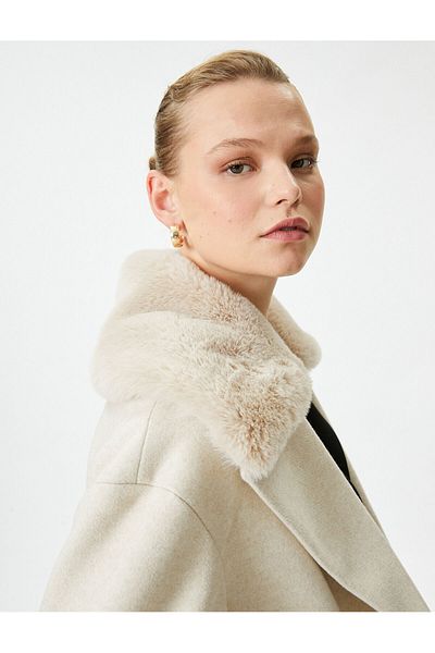 Koton Long Stretch Coat Buttoned with Removable Faux Fur Pockets