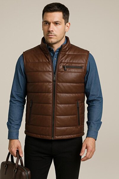 MASERTO Kahverengi Deri Yelek