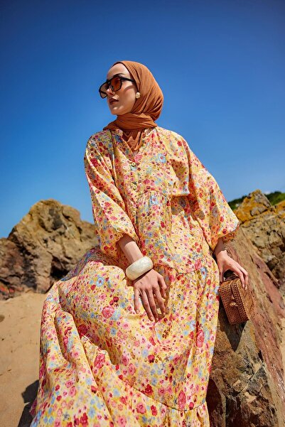 LOCCO Women's Mixed Flower Pattern Dress Yellow