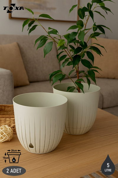 ToXA 2li Çizgi Saksı Seti 21cm Plastik Delikli Tabaklı Çiçek Saksısı Set
