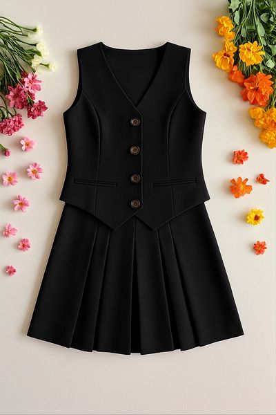 OTAKU Set de vestă cu nasturi și fuste mini plisate pentru femei