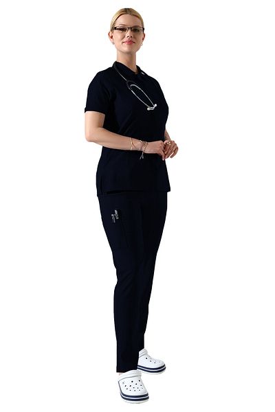 BEDUCA طقم سكراب بولو من الليكرا باللون الأزرق الداكن، زي موحد لصالونات التجميل ومركز التجميل