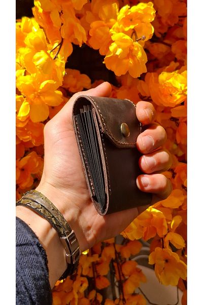 MAT Deri Brown Accordion Credit Card Holder with 10 Card Slots Genuine Leather Mini Size Card Holder