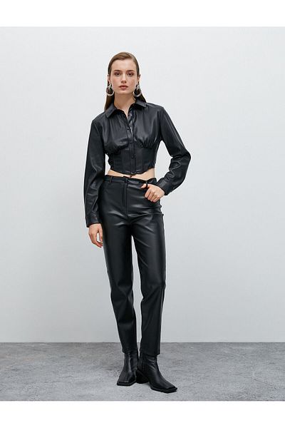 Koton Faux Leather Crop Shirt with Corset Detail