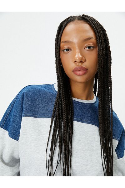 Koton Cuffed Denim Fabric Detailed Sweatshirt Crew Neck Ribbon