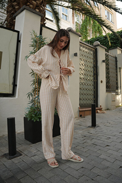 Molly Nelly Γυναικείο λεπτό ελαστικό παντελόνι με καρό με καρό μεσογειακό