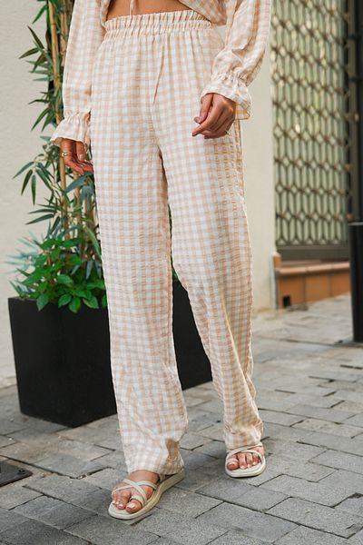 Molly Nelly Women's Petite Checkered Seersucker Slim Elastic Trousers