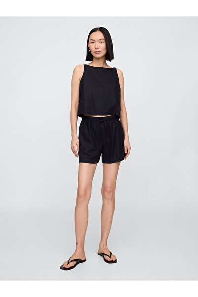 GAP Kadın Siyah Bağcıklı Keten Karışımlı Şort