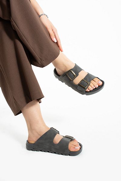 Moda Devrin Papuci gri de vară unisex cu cataramă dublă, moi și ușoare