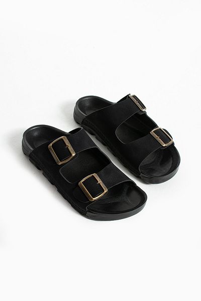 Moda Devrin Papuci negri de vară unisex cu cataramă dublă, moi și ușoare