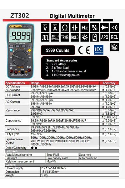 Choice Zt-302 Digital Multimeter Zt 301/302/303 True Rms Auto Range Ammeter Voltmeter Smart Capacitor Tempe