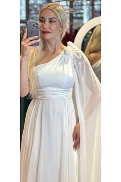 Abiyeniall One-shoulder White Chiffon Evening Dress - Flower Detailed, Flared Skirt 7401