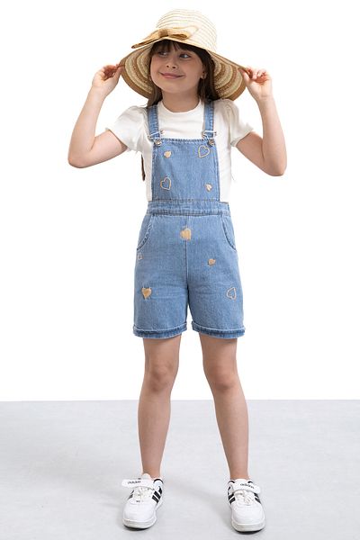 Cansın Mini Set de 2 bucăți pentru fete cu broderie inimă albastră, pantaloni scurți și salopete 21018