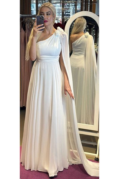 Abiyeniall One-shoulder White Chiffon Evening Dress - Flower Detailed, Flared Skirt 7401
