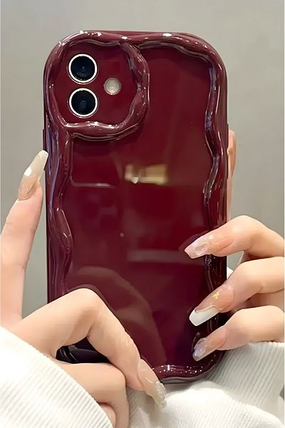 Fibaks Apple iphone 16 compatible case camera protected wave edge shock absorbing burgundy silicone cover