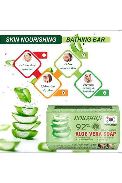 RousHun 92% Aloe Vera Soap – Gentle Moisturizing & Soothing Cleansing Bar For Face & Body, 125g
