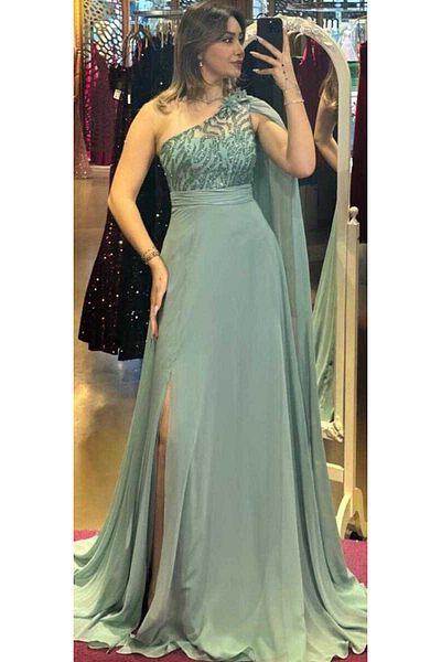 Abiyeniall Mint One-Shoulder Chiffon Evening Dress - Flower Detailed and Slit Flared Skirt 7505