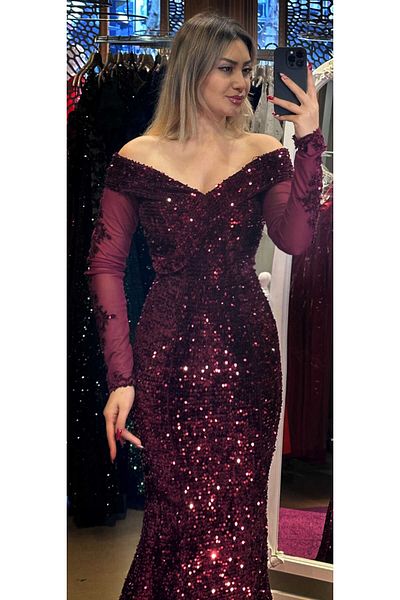 Abiyeniall Long Sleeve Glittered Sequined Fishnet Evening Dress - Abiyenial 6840