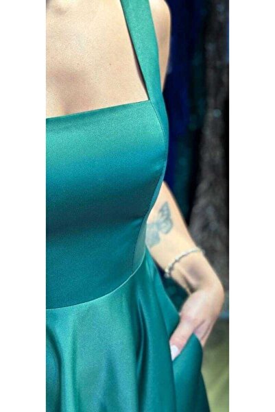 Abiyeniall Yeşil Kalın Askı Kloş Etekli Saten Midi Abiye Elbise 7631