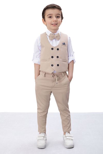 Cansın Mini Beige Buttoned Vest and Bow Tie Shirt and Boy's 4-Piece Suit 20545