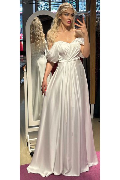 Abiyeniall Satin Long Evening Dress with White Flared Skirt 7350