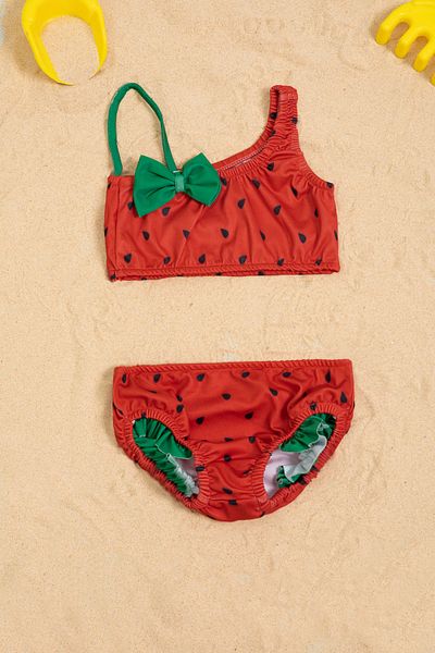 Cansın Mini Red Watermelon Patterned Bow Girl's Shoulder Strap Swimsuit Set 21113