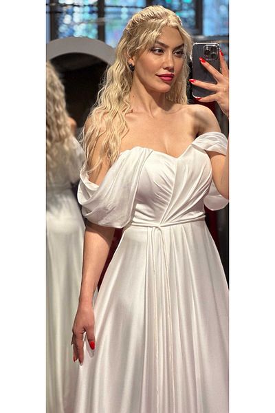 Abiyeniall Satin Long Evening Dress with White Flared Skirt 7350