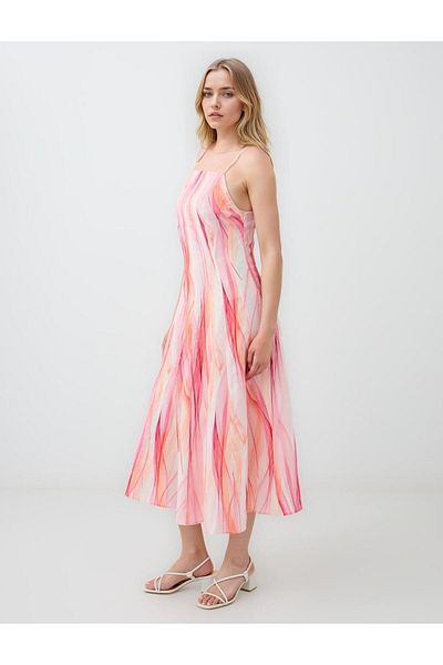 Jimmy Key Pink Square Neck Patterned Linen Blend Midi Dress