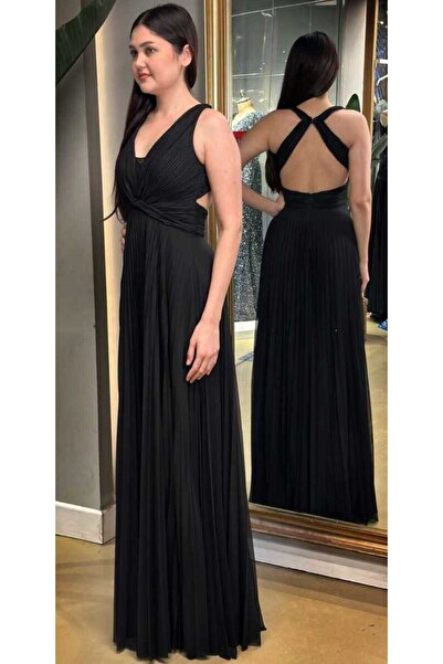 Abiyeniall Siyah Kalın Askı Sırt Dekolteli Kloş Etekli Şifon Tül Uzun Abiye Elbise 7645