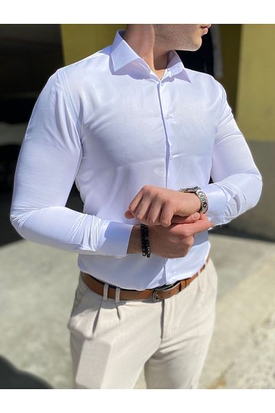 nightblack Ανδρικό Slimfit χωρίς τσέπη γυαλιστερό βαμβακερό μακρυμάνικο πουκάμισο με κουμπί μανίκι