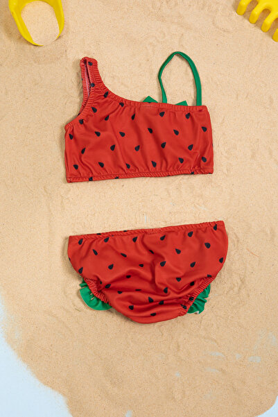 Cansın Mini Red Watermelon Patterned Bow Girl's Shoulder Strap Swimsuit Set 21113